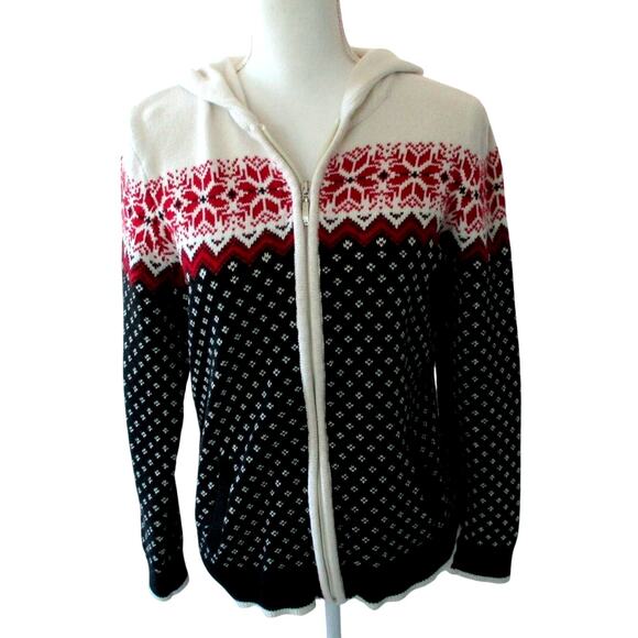 Izod Women's Long Sleeve Red, White & Blue Hooded Zip Front Sweater Size Medium - Picture 1 of 10